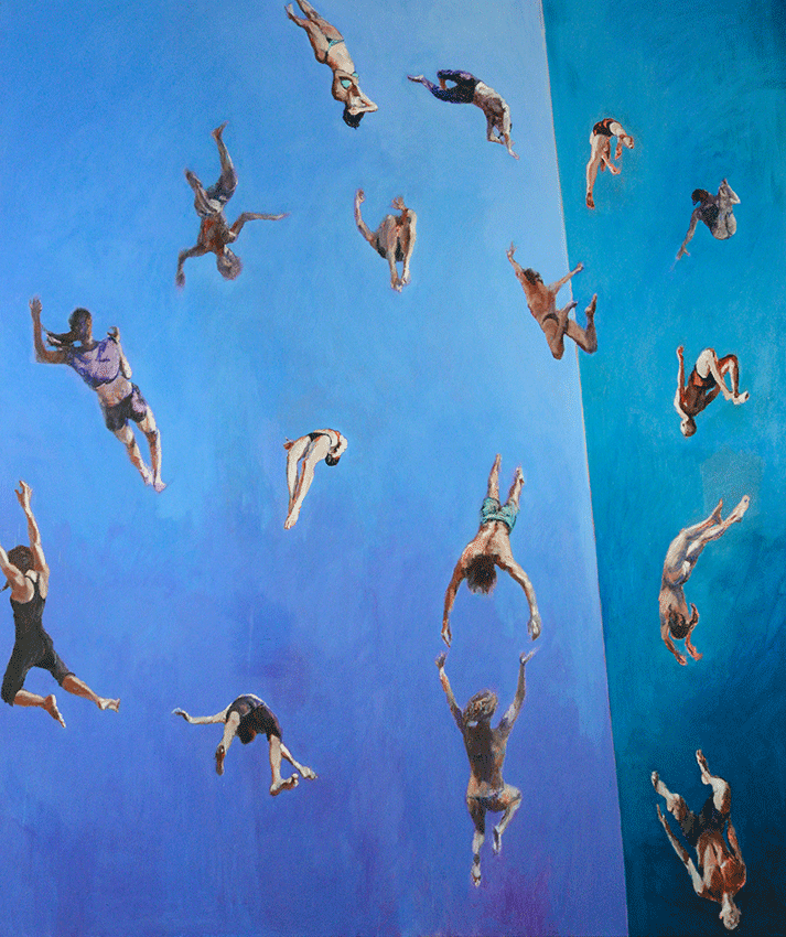 Painting with perspective composition of people falling in unison